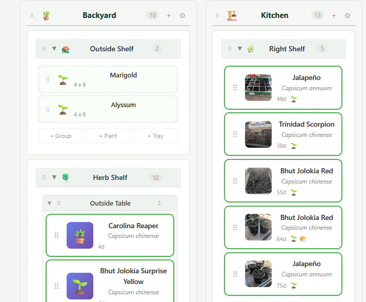 GardenLog kanban board view